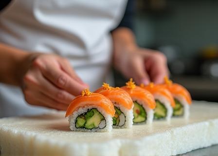 Hands preparing sushi rolls