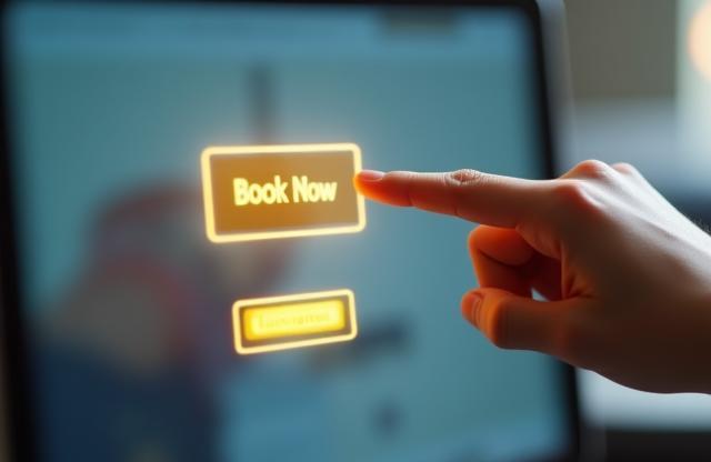 Hand pointing towards a booking button on a screen