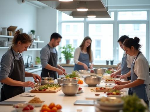 Students cooking in a clean kitchen studio