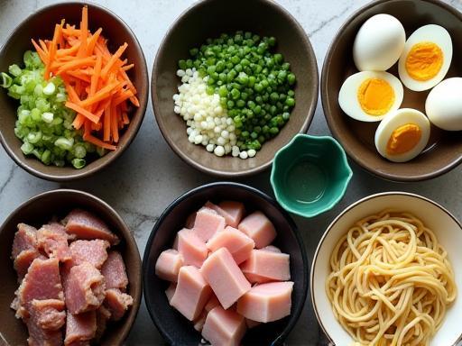 Bowls of fresh ramen ingredients being arranged