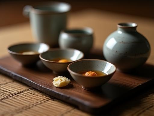 Small cups of sake with Japanese snacks