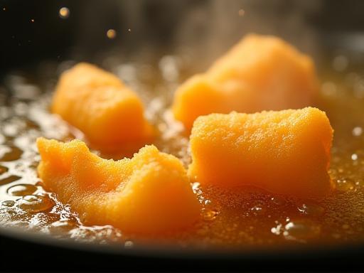 Golden brown tempura being fried in a pan